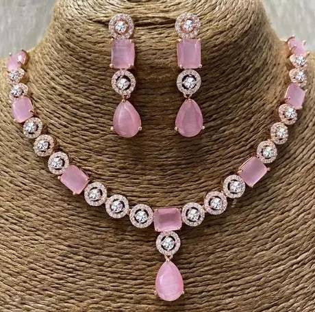 Brass rose gold plated baby pink american diamond necklace with earrings