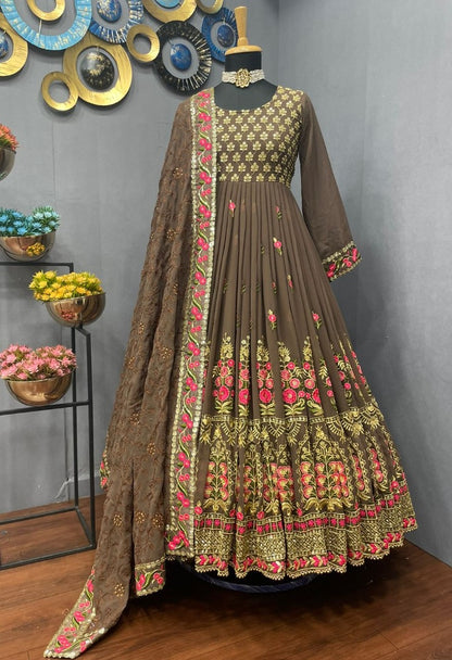 Brown georgette embroidered long anarkali suit