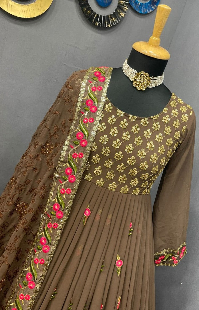 Brown georgette embroidered long anarkali suit