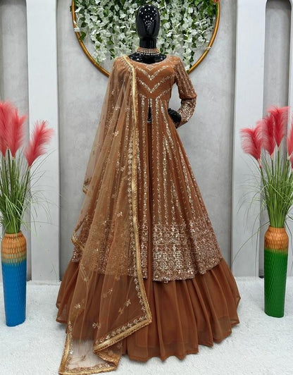 Brown georgette heavy thread sequence work lehenga suit