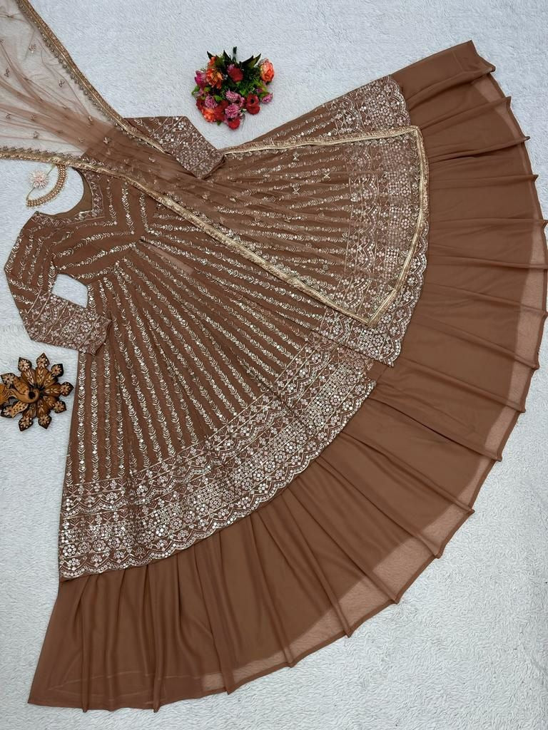 Brown georgette heavy thread sequence work lehenga suit