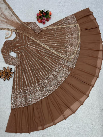 Brown georgette heavy thread sequence work lehenga suit