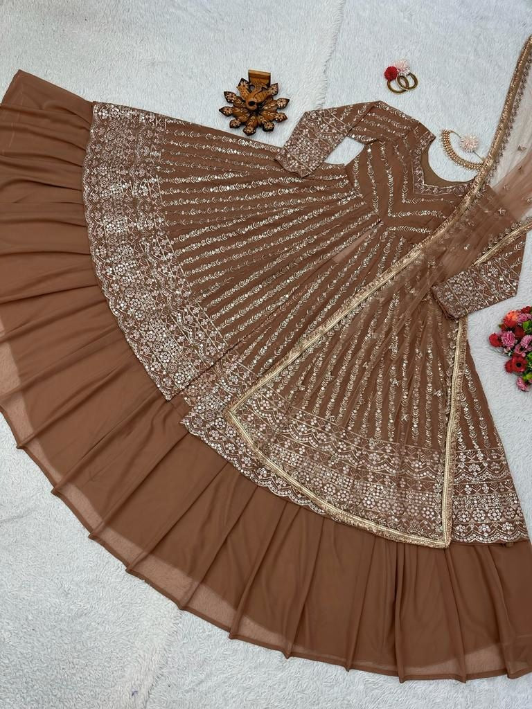 Brown georgette heavy thread sequence work lehenga suit