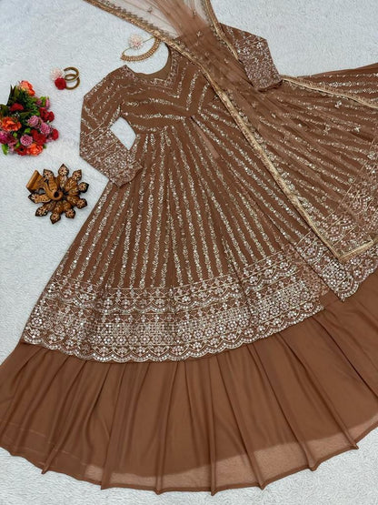 Brown georgette heavy thread sequence work lehenga suit