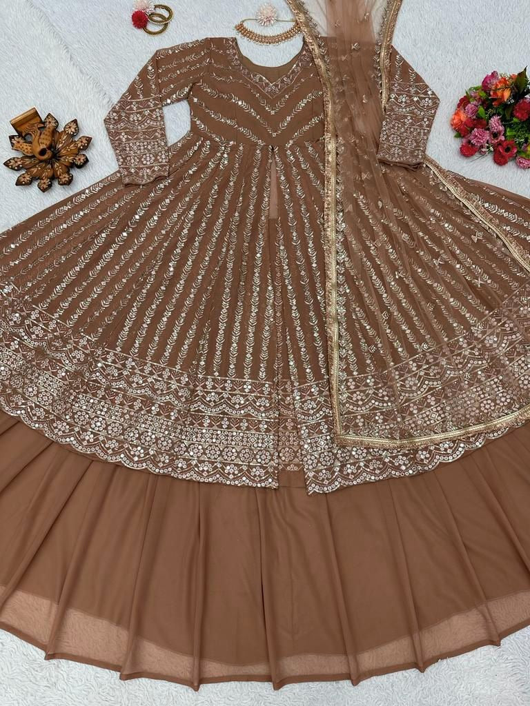 Brown georgette heavy thread sequence work lehenga suit