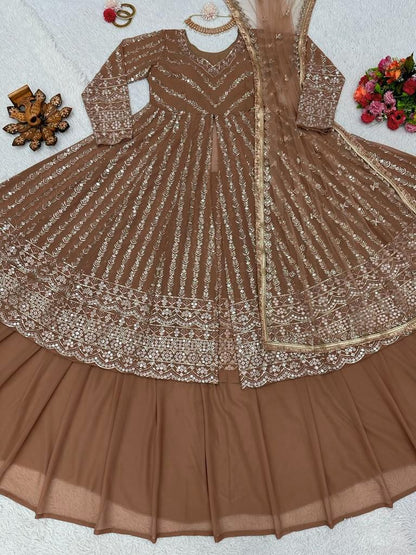 Brown georgette heavy thread sequence work lehenga suit