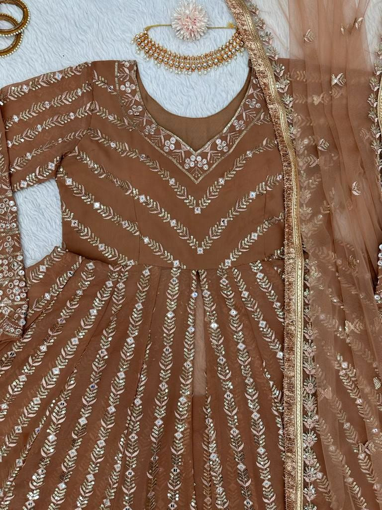 Brown georgette heavy thread sequence work lehenga suit