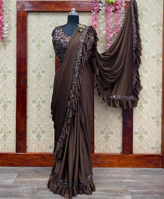 Brown imported fabric embroidered sequence work saree