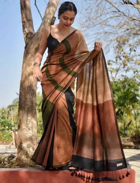 Brown khadi cotton color block print saree