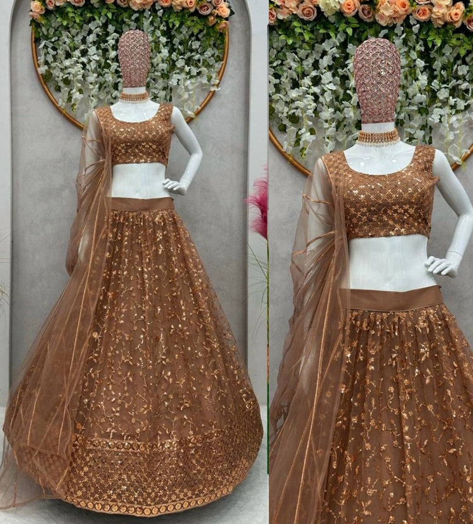 Brown net heavy thread sequence work wedding lehenga choli