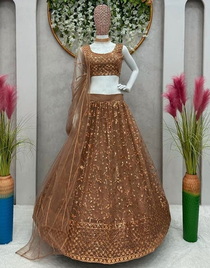 Brown net heavy thread sequence work wedding lehenga choli