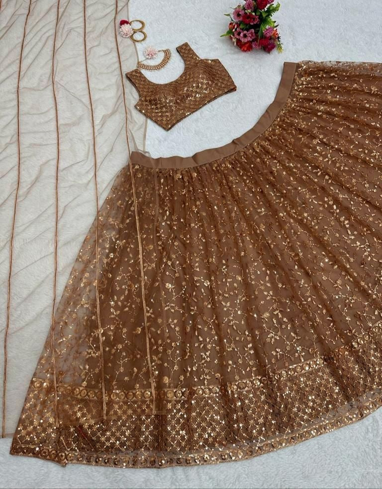 Brown net heavy thread sequence work wedding lehenga choli