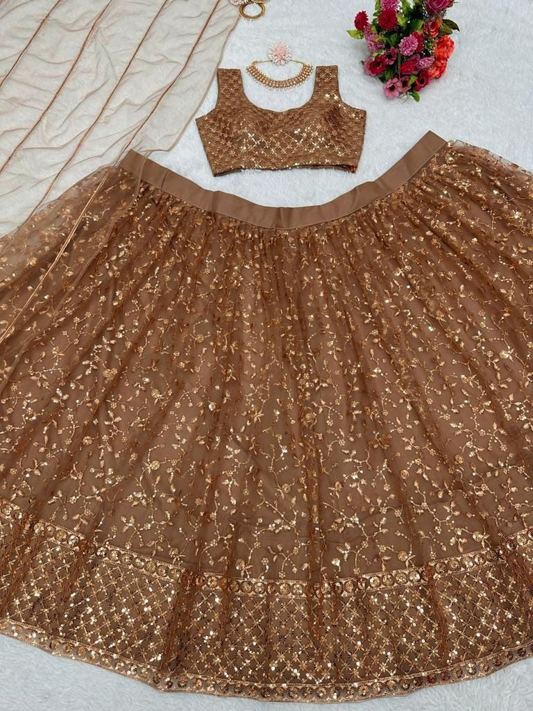 Brown net heavy thread sequence work wedding lehenga choli