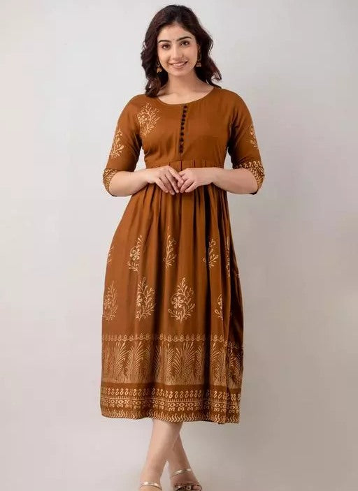 Brown rayon printed anarkali frock kurti