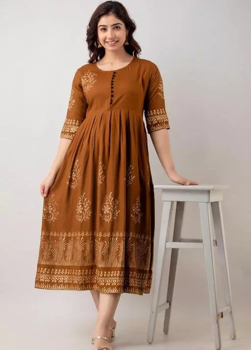 Brown rayon printed anarkali frock kurti