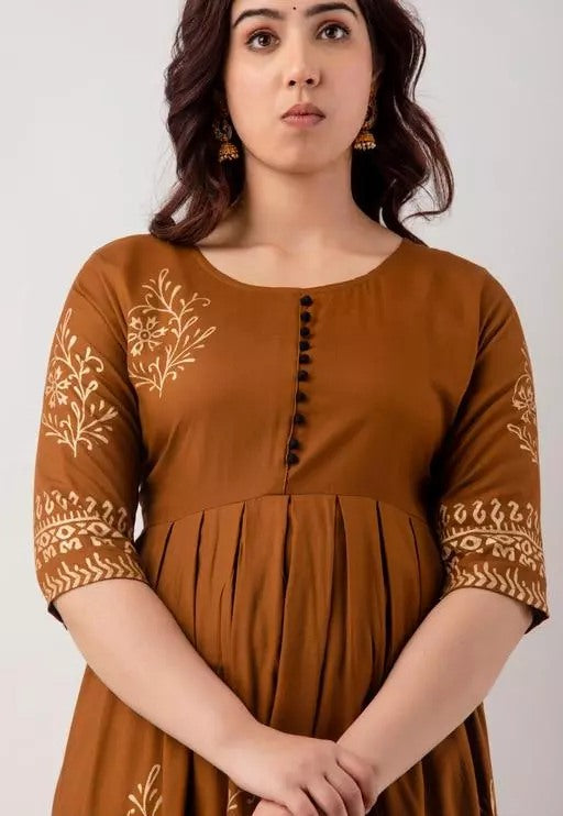 Brown rayon printed anarkali frock kurti