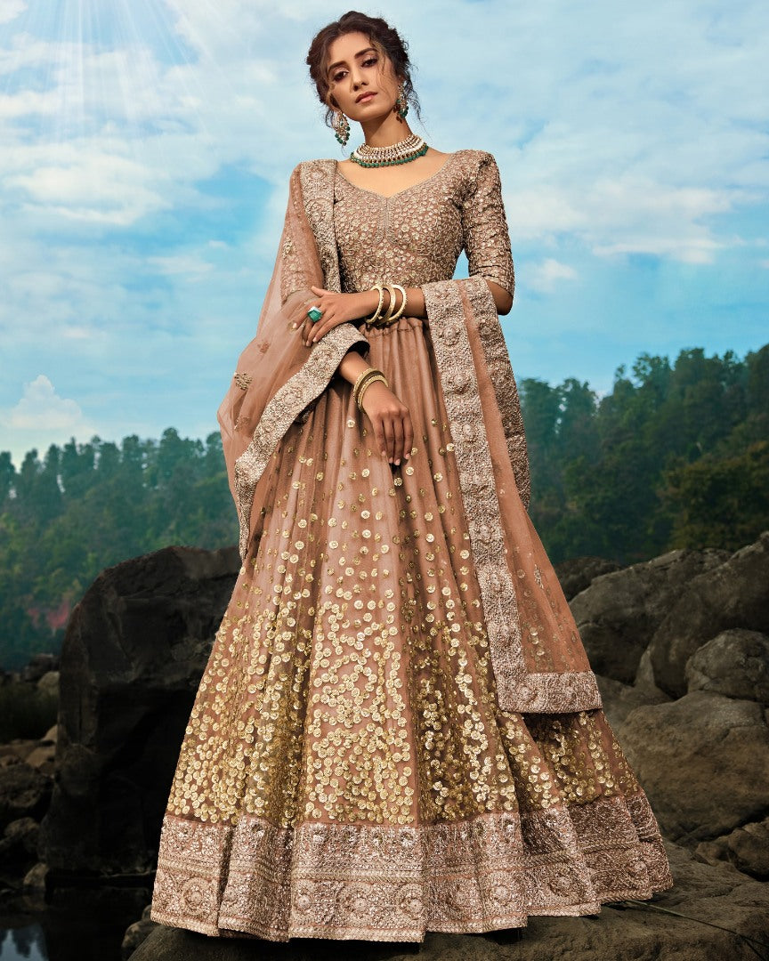 Brown soft net sequence work bridal lehenga choli