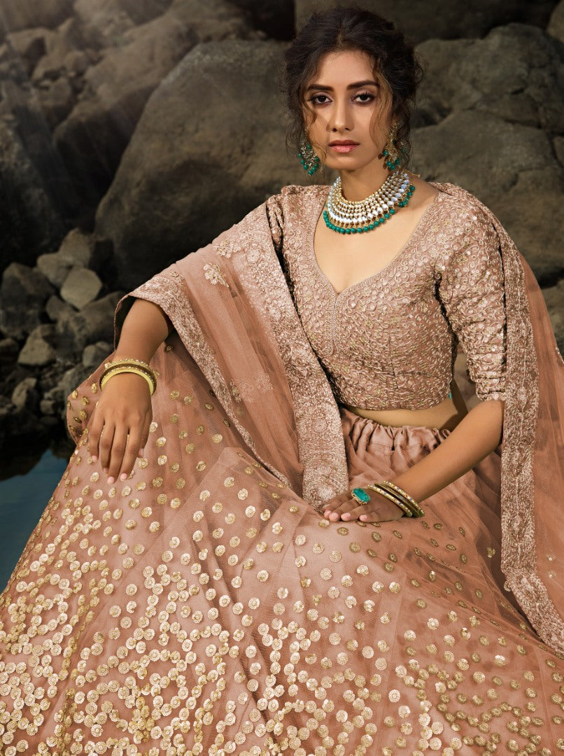 Brown soft net sequence work bridal lehenga choli