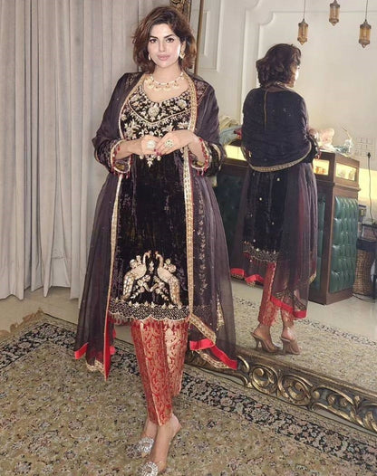 Coffee heavy velvet embroidered party wear salwar suit