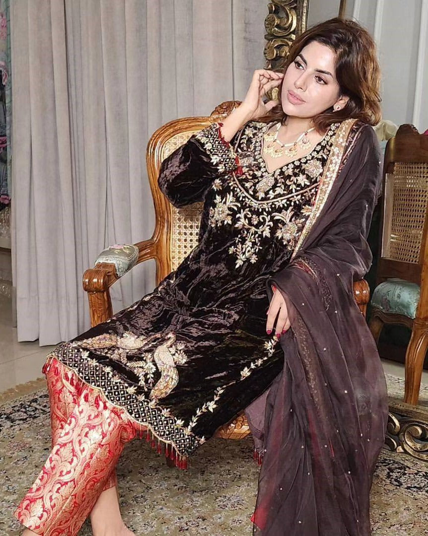 Coffee heavy velvet embroidered party wear salwar suit