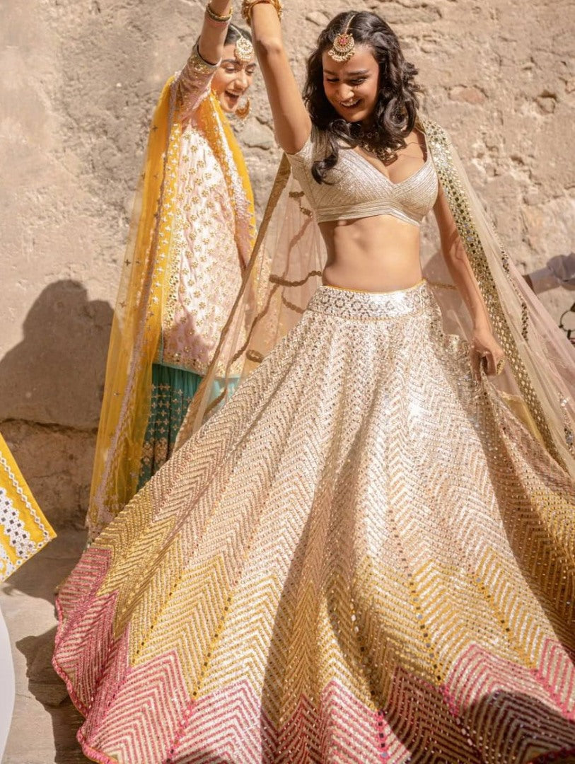 Cream banarasi satin heavy paper mirror thread work wedding lehenga choli