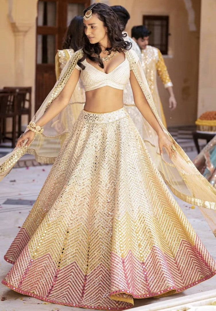 Cream banarasi satin heavy paper mirror thread work wedding lehenga choli