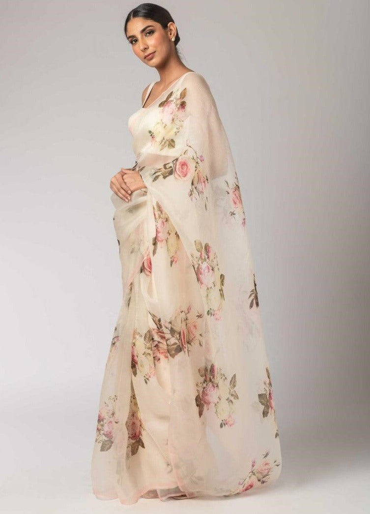 Cream flower printed organza saree