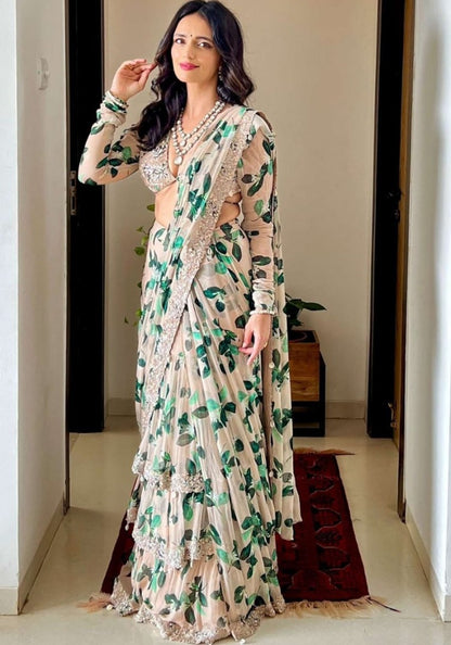 Cream printed designer ruffle saree