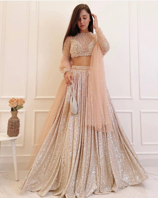 Cream satin silk heavy sequence work wedding lehenga choli