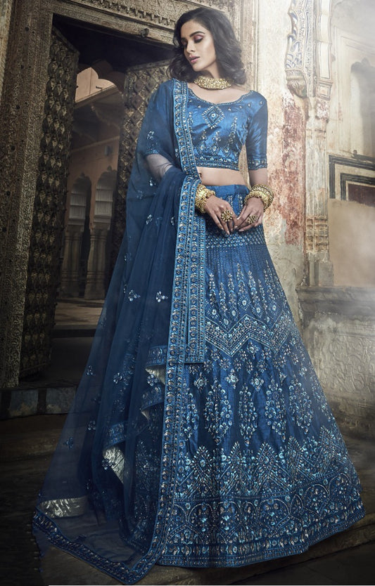 Dark blue art silk thread zari and sequence work bridal lehenga choli