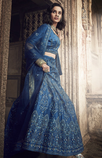 Dark blue art silk thread zari and sequence work bridal lehenga choli