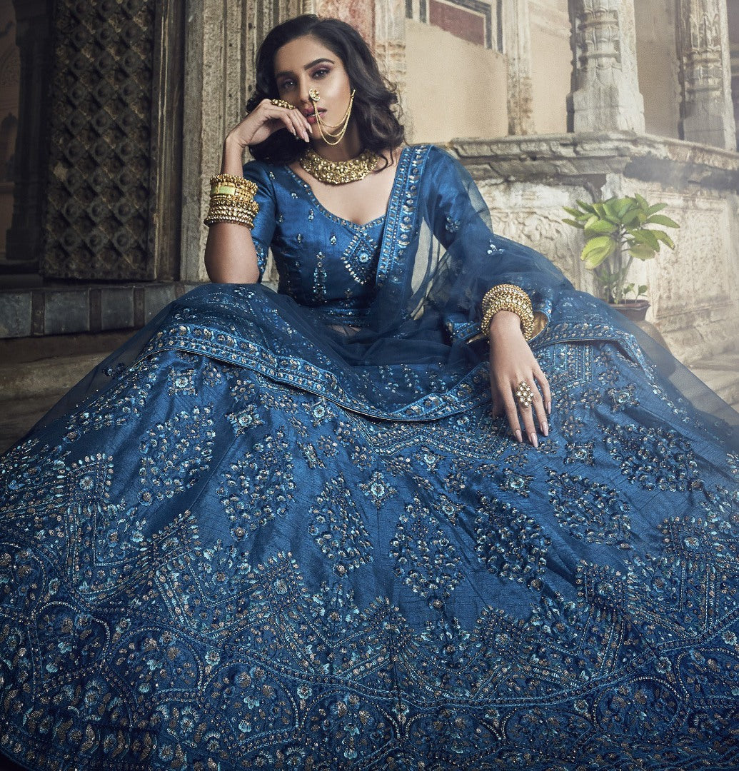 Dark blue art silk thread zari and sequence work bridal lehenga choli