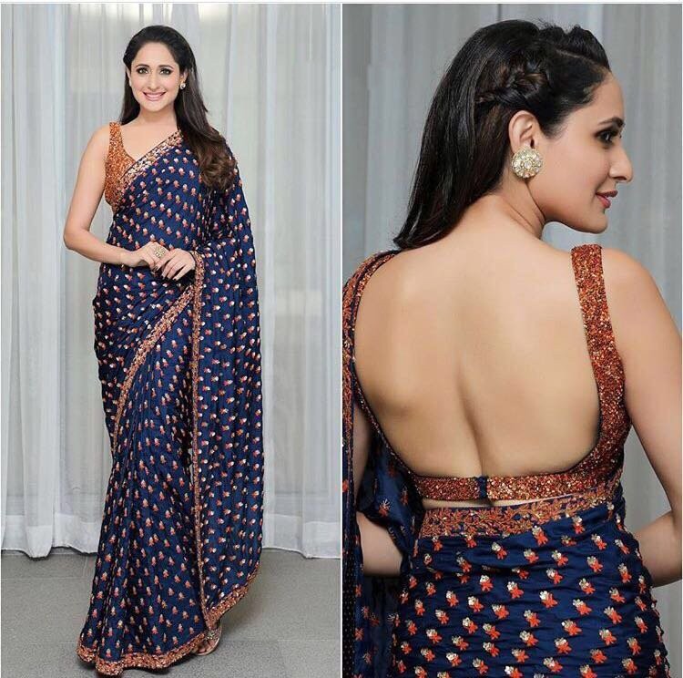 dark blue embroidered partywear saree