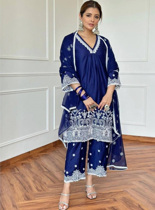 Dark blue georgette embroidery work plazzo suit