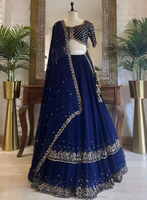 Dark blue georgette heavy embroidery work wedding lehenga choli