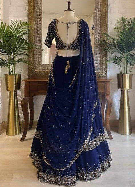 Dark blue georgette heavy embroidery work wedding lehenga choli