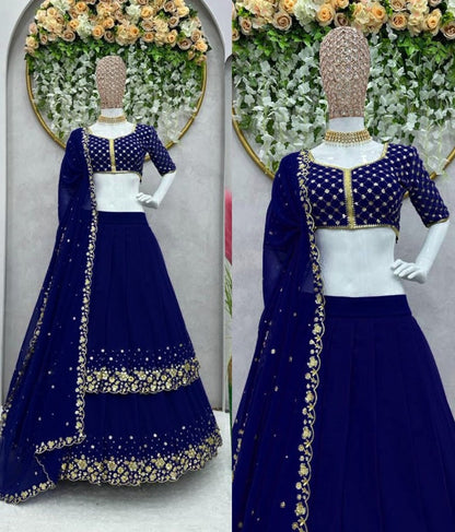 Dark blue georgette heavy embroidery work wedding lehenga choli