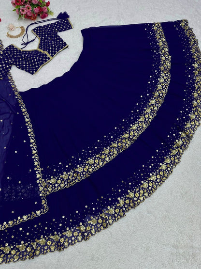 Dark blue georgette heavy embroidery work wedding lehenga choli