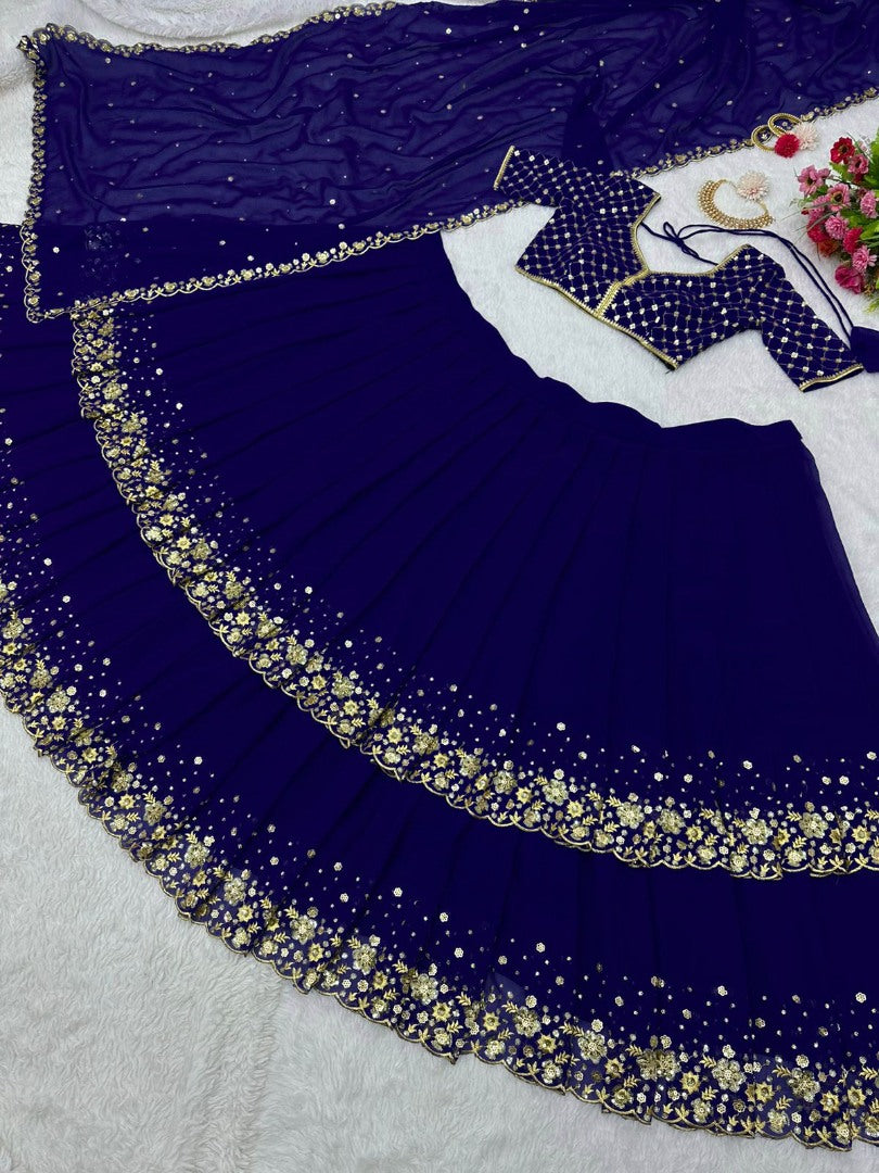 Dark blue georgette heavy embroidery work wedding lehenga choli