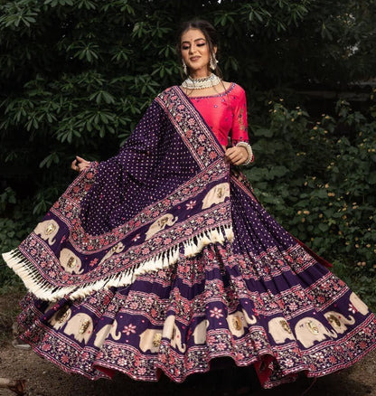 Dark blue print and mirror work navratri special chaniya choli