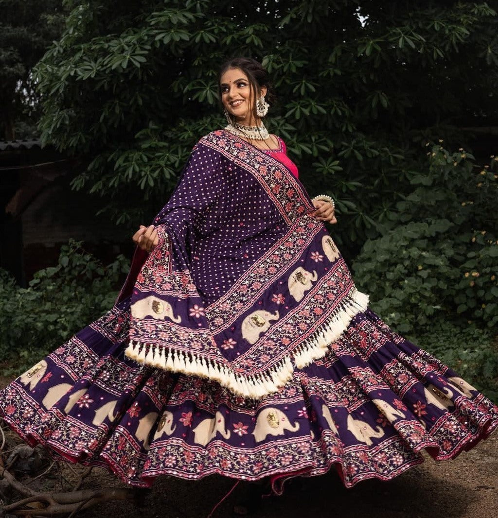 Dark blue print and mirror work navratri special chaniya choli