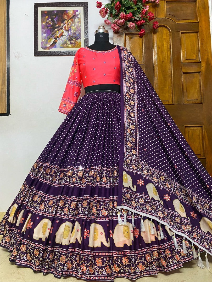 Dark blue print and mirror work navratri special chaniya choli