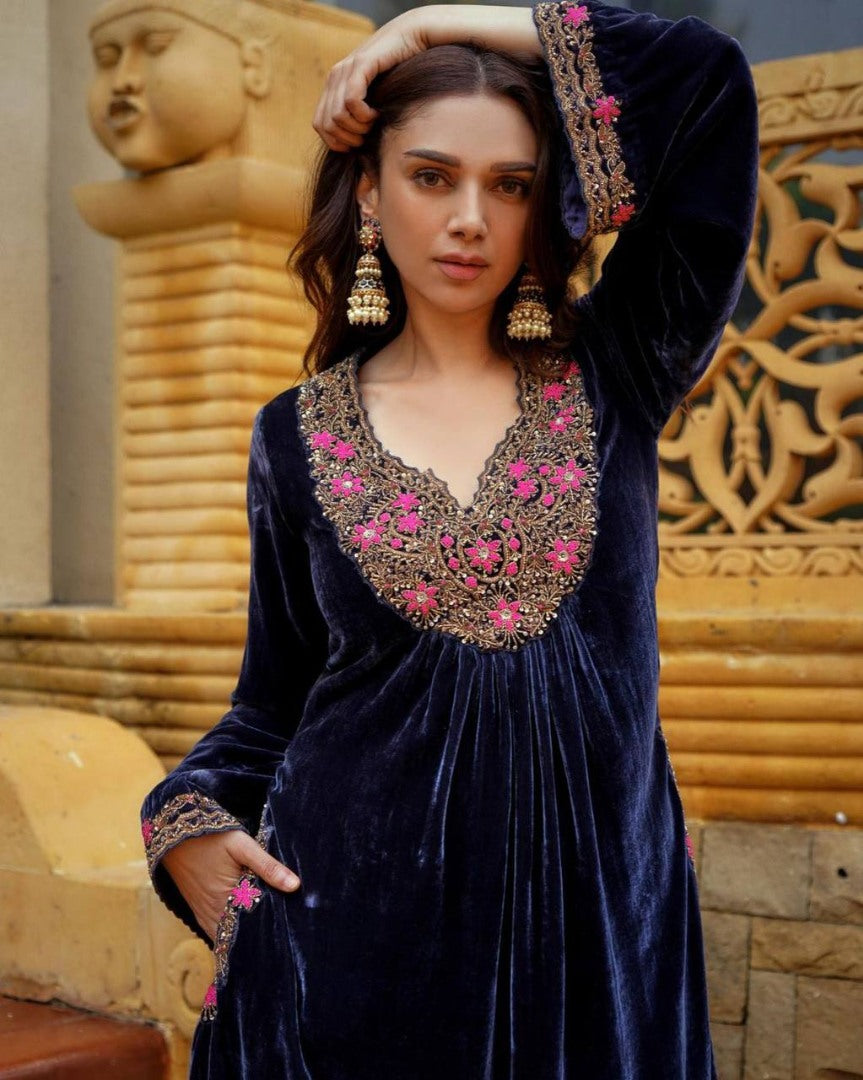 Dark blue velvet embroidered party wear palazzo suit