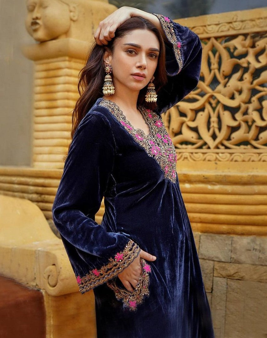 Dark blue velvet embroidered party wear palazzo suit