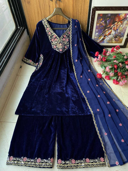 Dark blue velvet embroidered party wear palazzo suit