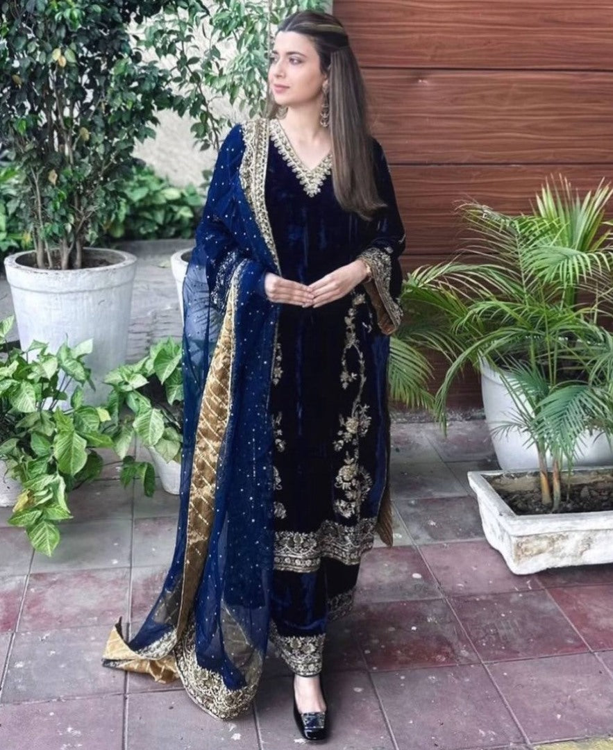 Dark blue velvet embroidered wedding palazzo suit