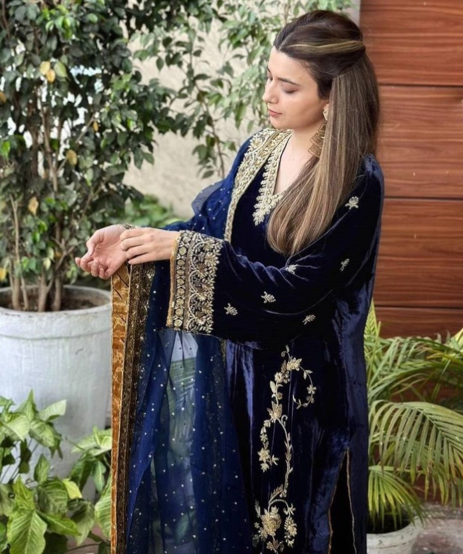 Dark blue velvet embroidered wedding palazzo suit