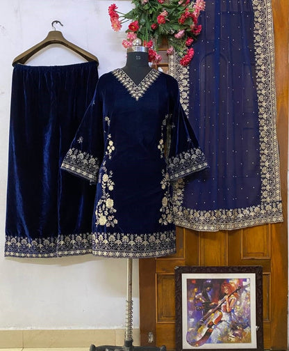 Dark blue velvet embroidered wedding palazzo suit