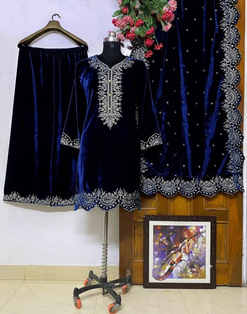 Dark blue velvet partywear plazzo suit