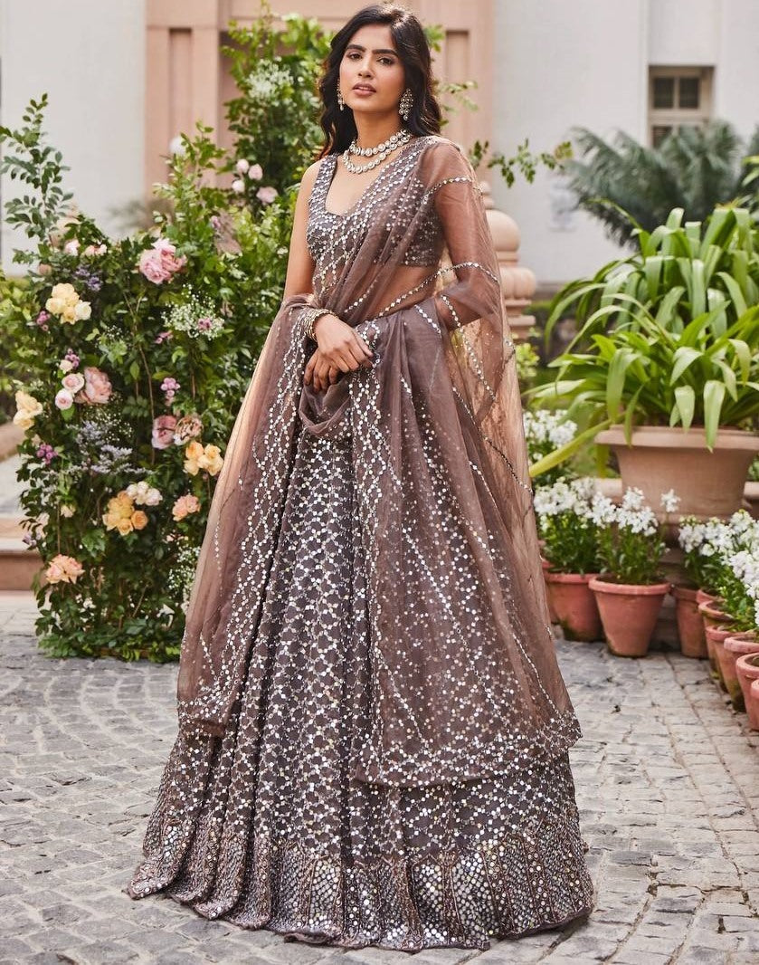 Dark brown heavy embroidery work wedding lehenga choli